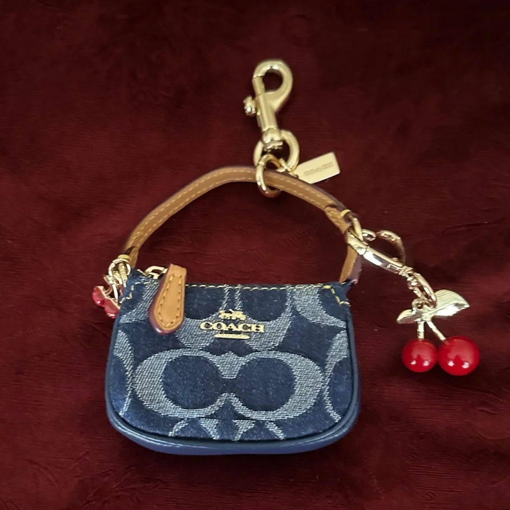 Coach Blue Denim Mini Bag Keychain…NON BRANDED CHERRY CHARM IS NOT INCLUDED!! - Picture 1 of 3